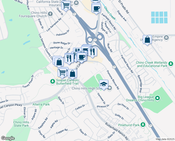 map of restaurants, bars, coffee shops, grocery stores, and more near 15920 Pomona Rincon Road in Chino Hills