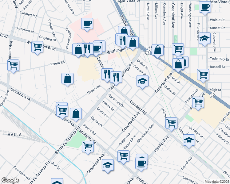 map of restaurants, bars, coffee shops, grocery stores, and more near 12622 Lambert Road in Whittier