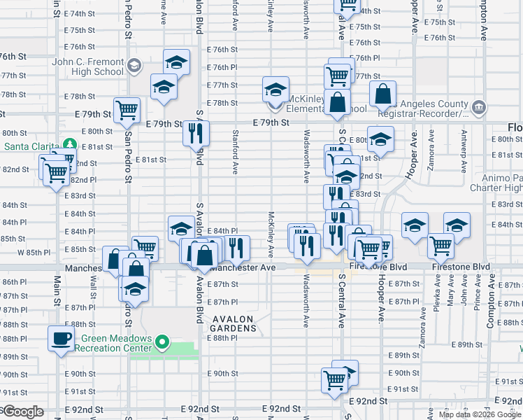 map of restaurants, bars, coffee shops, grocery stores, and more near 745 East 84th Street in Los Angeles