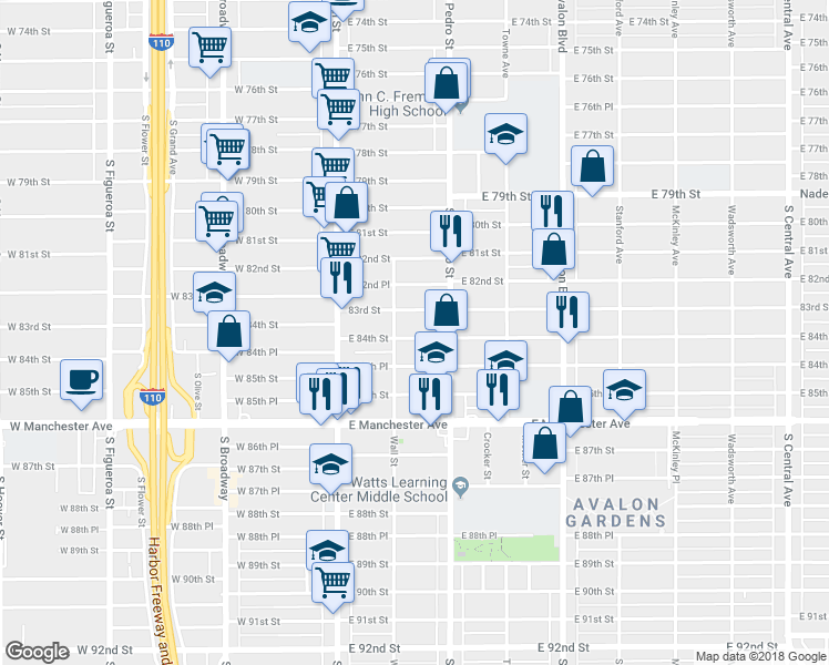 map of restaurants, bars, coffee shops, grocery stores, and more near 241 East 84th Street in Los Angeles
