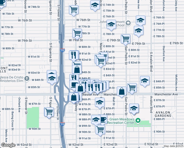 map of restaurants, bars, coffee shops, grocery stores, and more near 126 West 84th Street in Los Angeles
