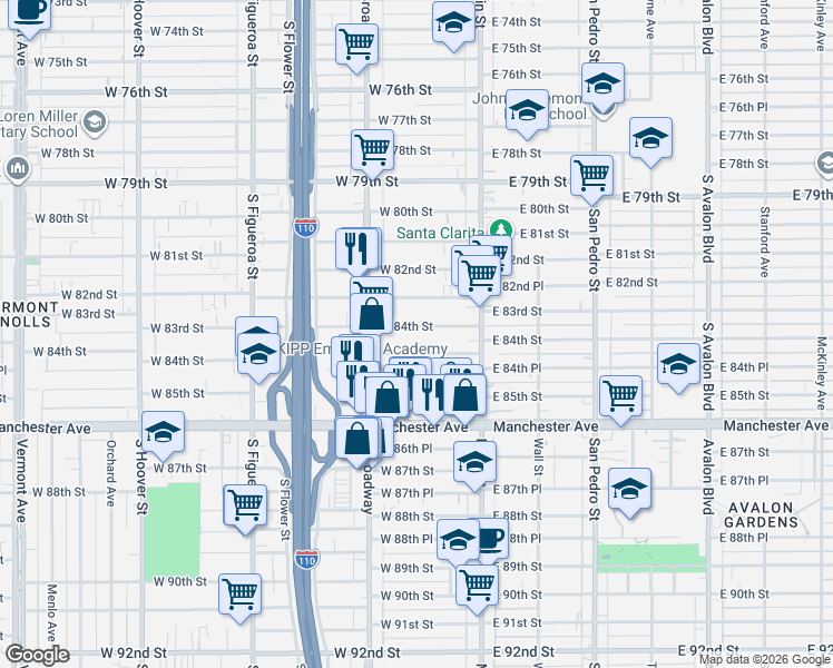 map of restaurants, bars, coffee shops, grocery stores, and more near 212 West 84th Street in Los Angeles