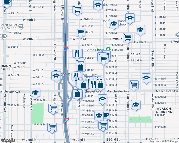 map of restaurants, bars, coffee shops, grocery stores, and more near 212 West 84th Street in Los Angeles