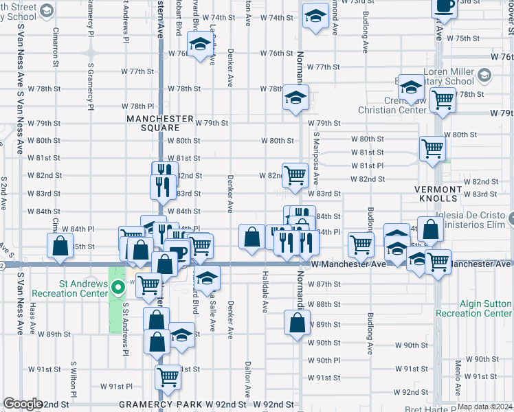 map of restaurants, bars, coffee shops, grocery stores, and more near 1529 West 84th Street in Los Angeles