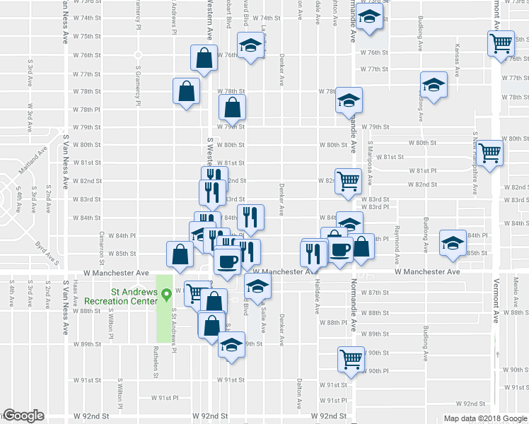 map of restaurants, bars, coffee shops, grocery stores, and more near 1607 West 84th Street in Los Angeles
