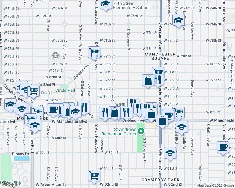 map of restaurants, bars, coffee shops, grocery stores, and more near 2059 West 84th Street in Los Angeles