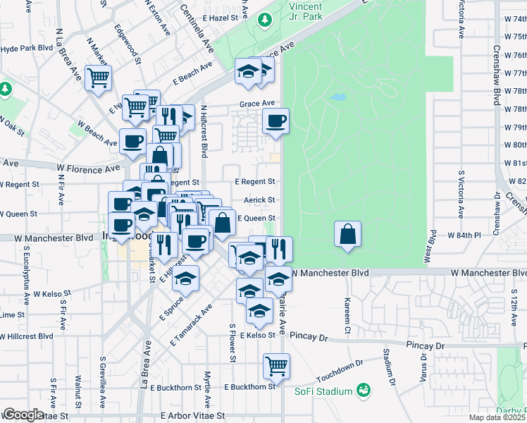 map of restaurants, bars, coffee shops, grocery stores, and more near 637 East Queen Street in Inglewood