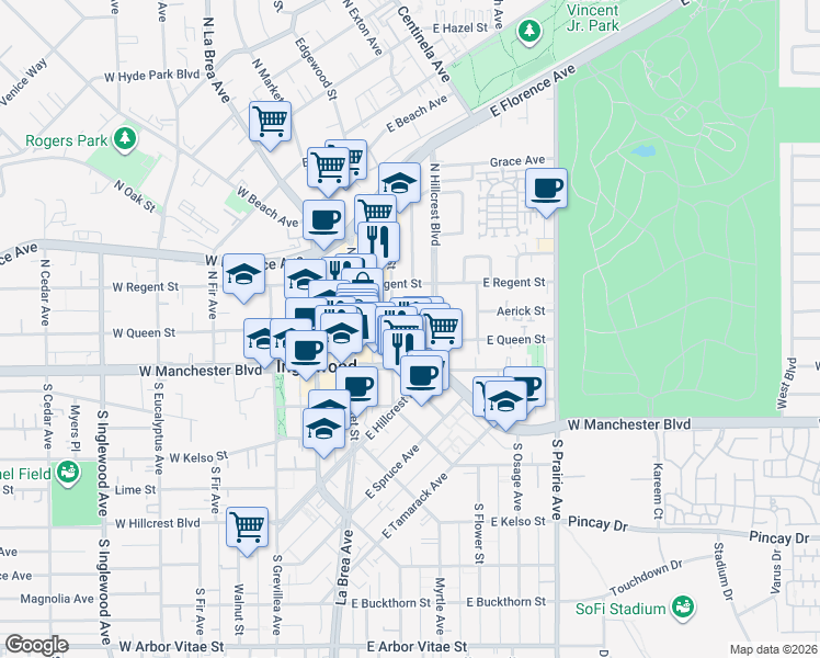map of restaurants, bars, coffee shops, grocery stores, and more near 1 North Locust Street in Inglewood