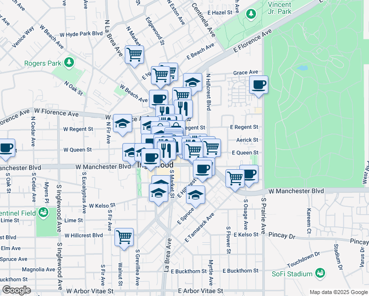map of restaurants, bars, coffee shops, grocery stores, and more near 304 East Queen Street in Inglewood
