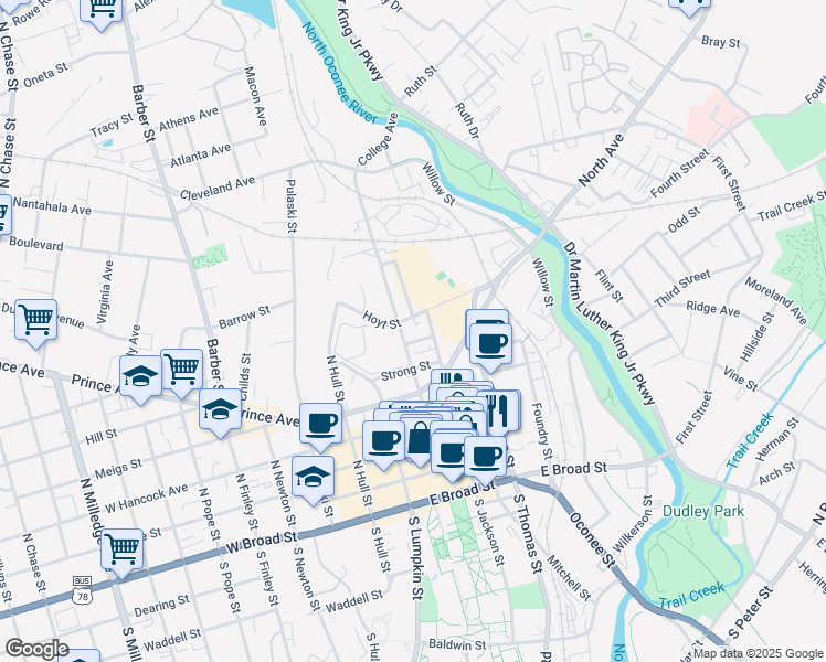map of restaurants, bars, coffee shops, grocery stores, and more near 700 College Avenue in Athens