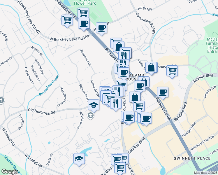 map of restaurants, bars, coffee shops, grocery stores, and more near 3610 Gainesway Court Northwest in Duluth