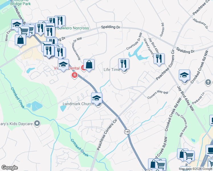 map of restaurants, bars, coffee shops, grocery stores, and more near 0000 Courtside Drive Northwest in Peachtree Corners