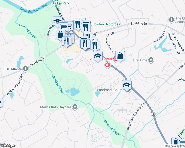 map of restaurants, bars, coffee shops, grocery stores, and more near 6222 Meadow Run Court in Norcross