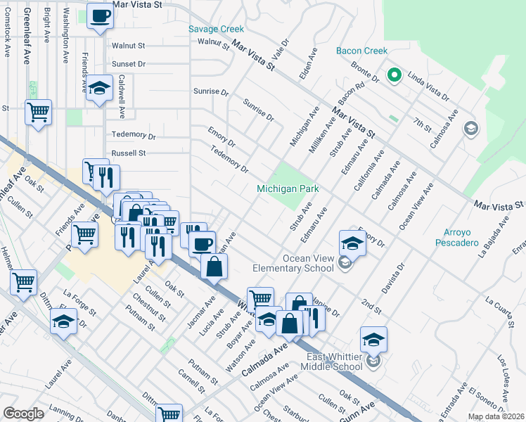 map of restaurants, bars, coffee shops, grocery stores, and more near 14021 Valna Drive in Whittier