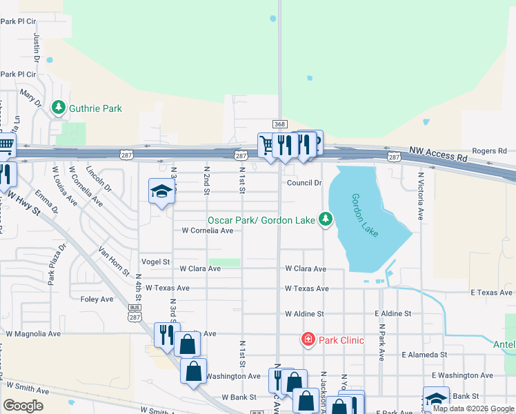 map of restaurants, bars, coffee shops, grocery stores, and more near 508 West Rebecca Avenue in Iowa Park