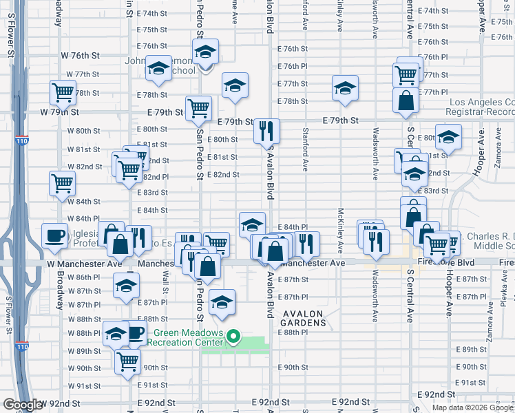 map of restaurants, bars, coffee shops, grocery stores, and more near 437 East 84th Street in Los Angeles