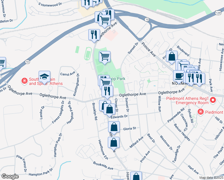map of restaurants, bars, coffee shops, grocery stores, and more near 700 Oglethorpe Avenue in Athens