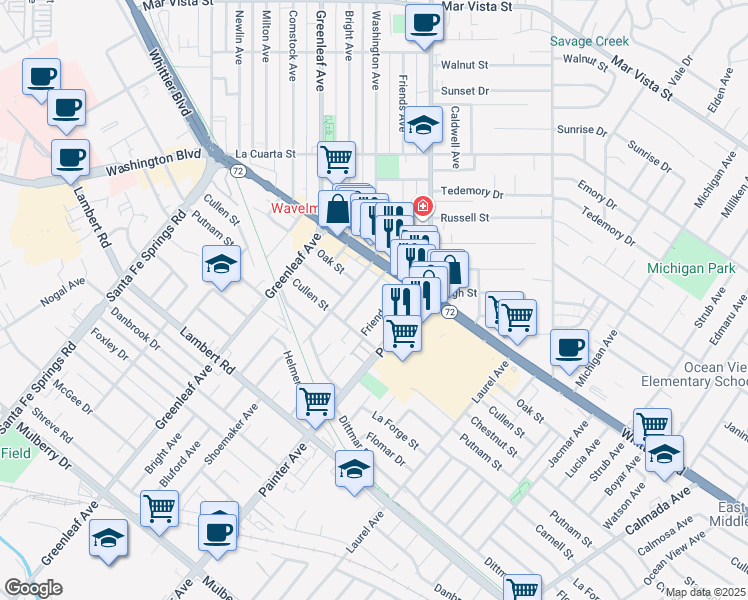 map of restaurants, bars, coffee shops, grocery stores, and more near 8340 Madison Avenue in Whittier