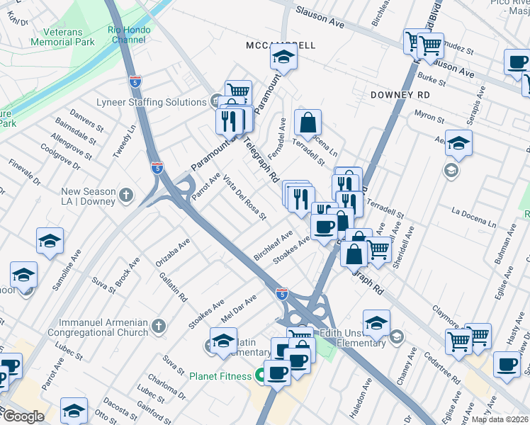 map of restaurants, bars, coffee shops, grocery stores, and more near 8335 Vista Del Rosa Street in Downey