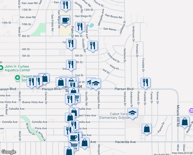 map of restaurants, bars, coffee shops, grocery stores, and more near 66669 2nd Street in Desert Hot Springs