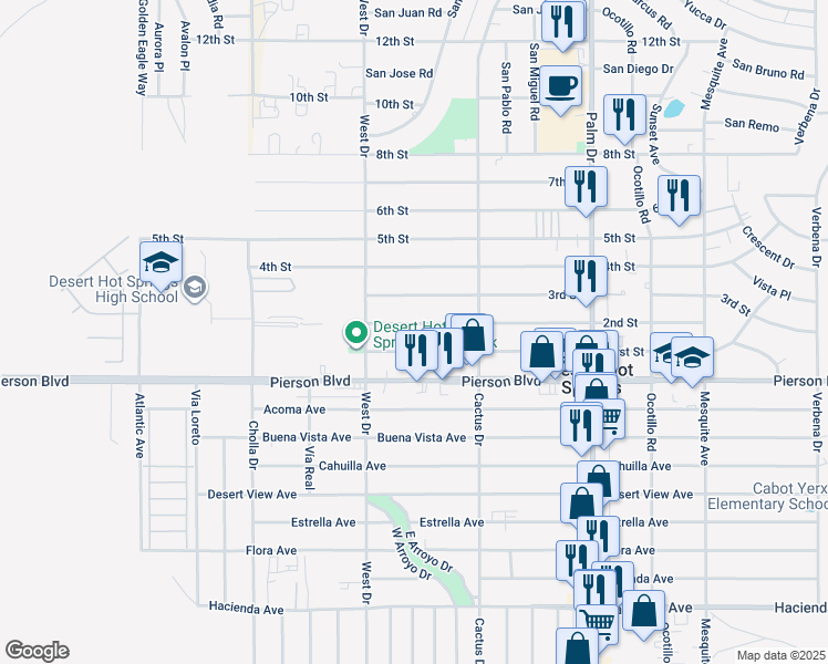 map of restaurants, bars, coffee shops, grocery stores, and more near 66097 2nd Street in Desert Hot Springs