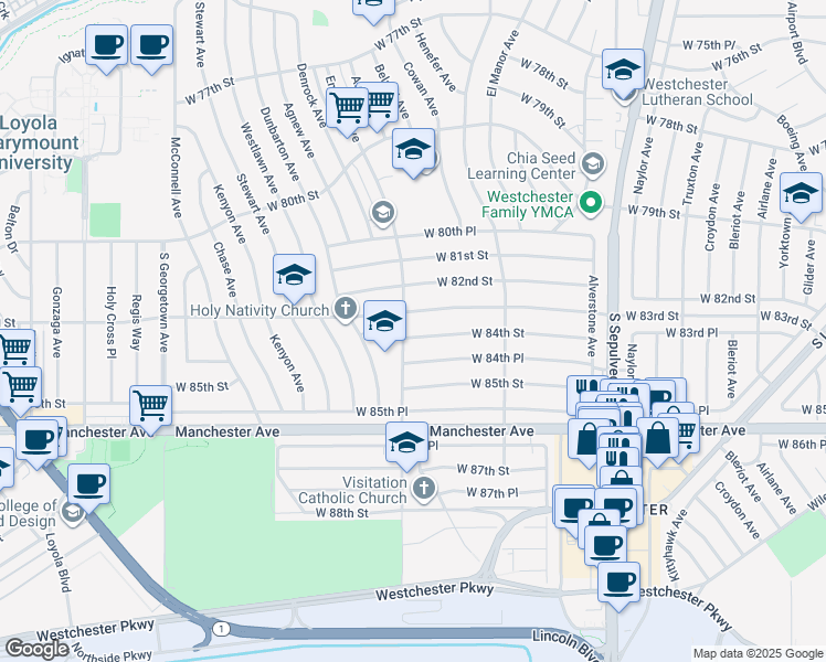 map of restaurants, bars, coffee shops, grocery stores, and more near 6567 West 84th Street in Los Angeles