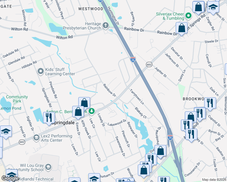map of restaurants, bars, coffee shops, grocery stores, and more near 2913 Morningdale Drive in West Columbia