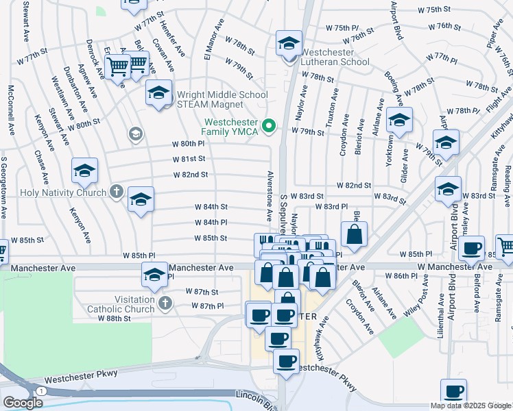 map of restaurants, bars, coffee shops, grocery stores, and more near 6343 West 84th Street in Los Angeles