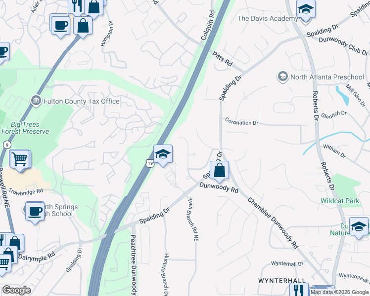 map of restaurants, bars, coffee shops, grocery stores, and more near 7620 Auden Trail in Atlanta