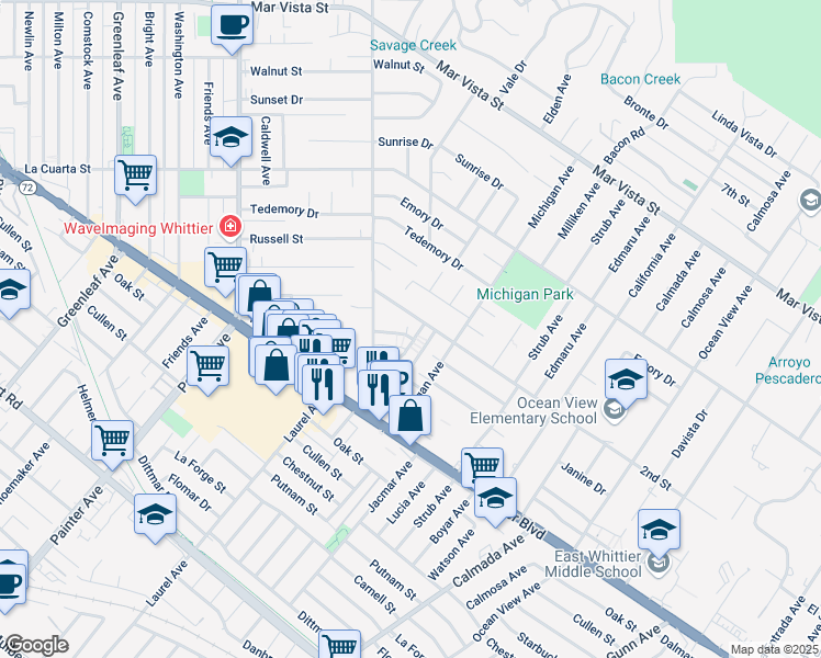 map of restaurants, bars, coffee shops, grocery stores, and more near 13841 Ramona Drive in Whittier