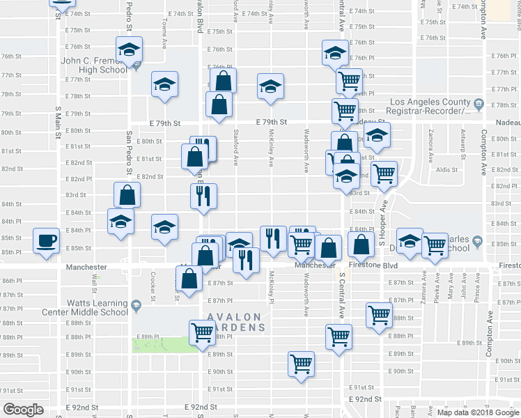 map of restaurants, bars, coffee shops, grocery stores, and more near 745 East 84th Street in Los Angeles