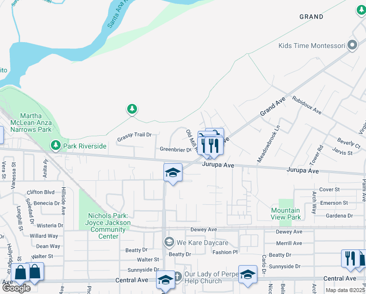 map of restaurants, bars, coffee shops, grocery stores, and more near 5255 Greenbrier Drive in Riverside