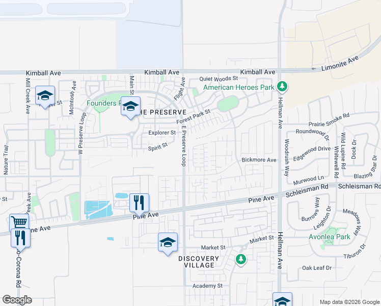 map of restaurants, bars, coffee shops, grocery stores, and more near 16016 Cochise Court in Chino
