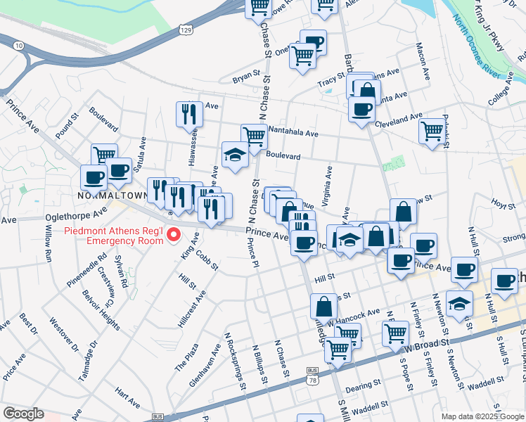 map of restaurants, bars, coffee shops, grocery stores, and more near 948 Prince Avenue in Athens