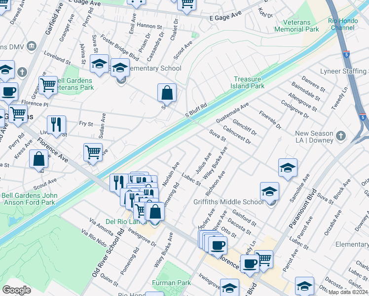 map of restaurants, bars, coffee shops, grocery stores, and more near 7421 Ivo Street in Downey