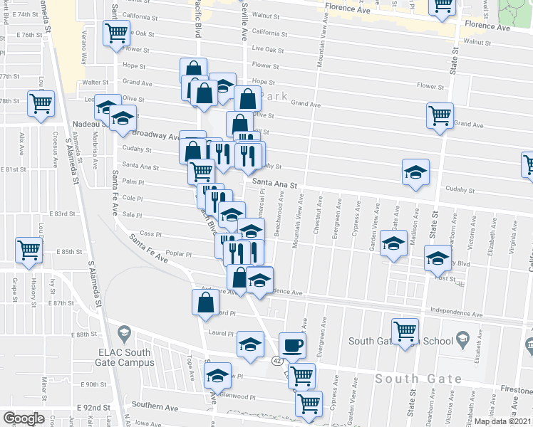 map of restaurants, bars, coffee shops, grocery stores, and more near 8150 Commercial Place in South Gate