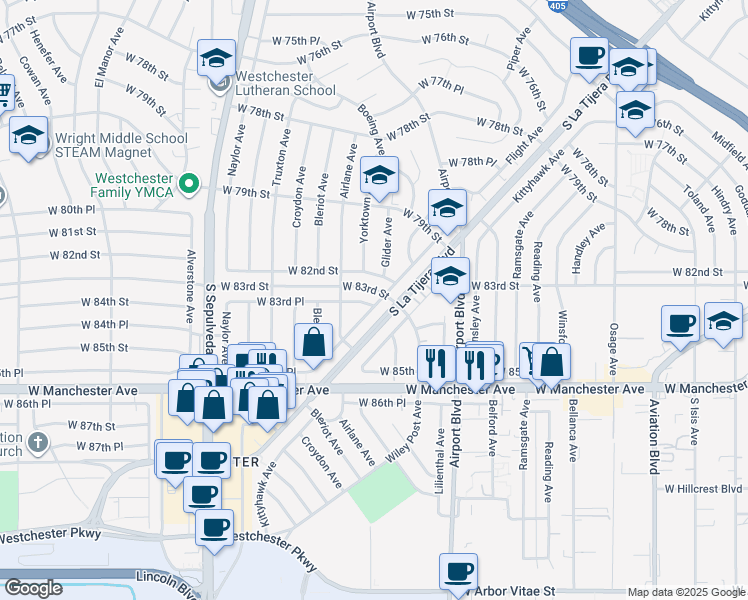 map of restaurants, bars, coffee shops, grocery stores, and more near 6001 West 83rd Place in Los Angeles