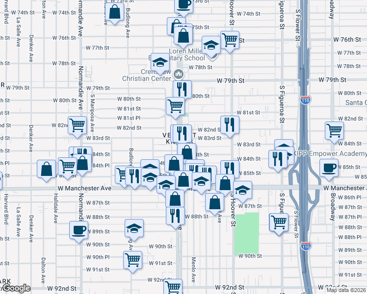 map of restaurants, bars, coffee shops, grocery stores, and more near 8300 South Vermont Avenue in Los Angeles