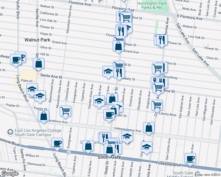 map of restaurants, bars, coffee shops, grocery stores, and more near 8116 Madison Ave in South Gate