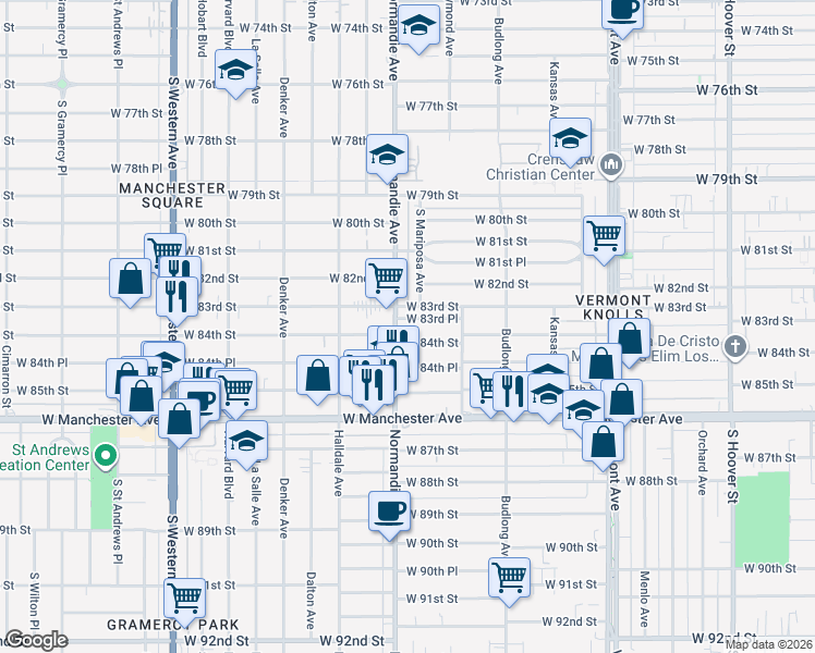 map of restaurants, bars, coffee shops, grocery stores, and more near 1403 West 84th Street in Los Angeles