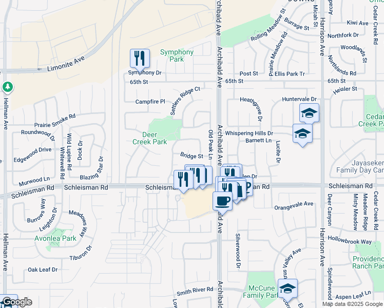 map of restaurants, bars, coffee shops, grocery stores, and more near 6890 Monte Vista Court in Corona
