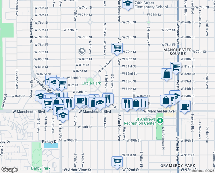 map of restaurants, bars, coffee shops, grocery stores, and more near 8316 South 3rd Avenue in Inglewood
