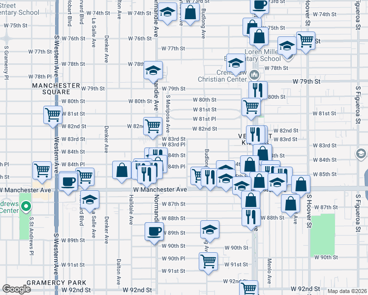 map of restaurants, bars, coffee shops, grocery stores, and more near 1245 West 84th Street in Los Angeles