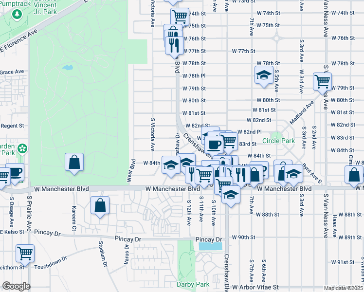 map of restaurants, bars, coffee shops, grocery stores, and more near 33733 West 83rd Street in Inglewood