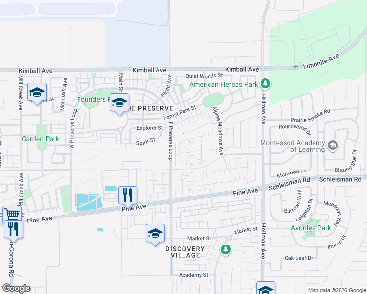 map of restaurants, bars, coffee shops, grocery stores, and more near 16015 Cochise Court in Chino