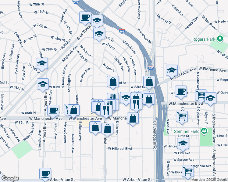 map of restaurants, bars, coffee shops, grocery stores, and more near 8301-8331 Isis Ave in Los Angeles