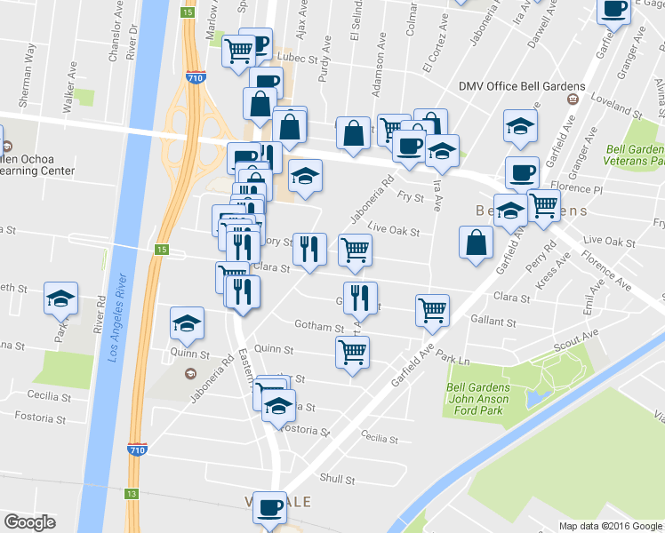 map of restaurants, bars, coffee shops, grocery stores, and more near 5933 Clara Street in Bell Gardens