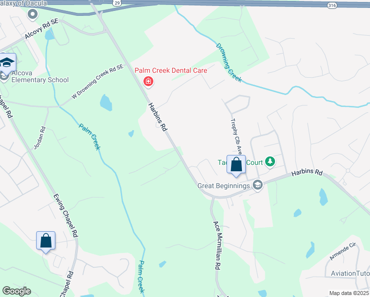map of restaurants, bars, coffee shops, grocery stores, and more near 1142 Harbins Road in Dacula