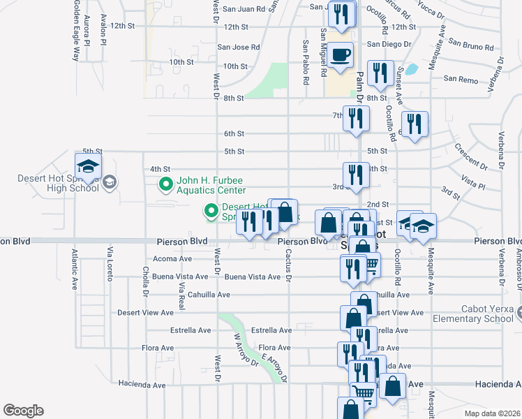 map of restaurants, bars, coffee shops, grocery stores, and more near 66155 2nd Street in Desert Hot Springs