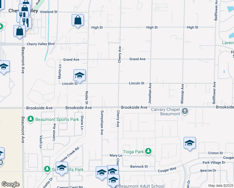 map of restaurants, bars, coffee shops, grocery stores, and more near 10887 Cherry Avenue in Cherry Valley